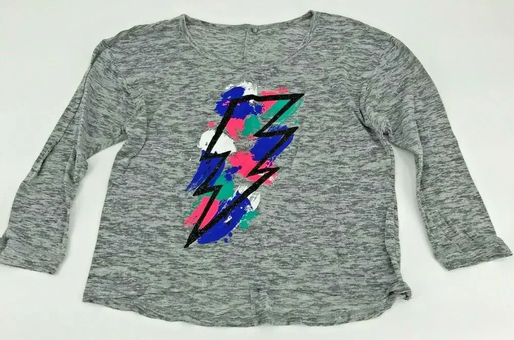 Justice Girls Tee T-Shirt Heathered Colorful Lightning Bolt Long Sleeve Sz 12